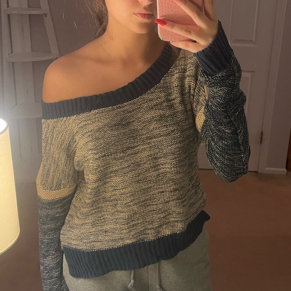 Blu Pepper Off-Shoulder Sweater in Navy and Cream
